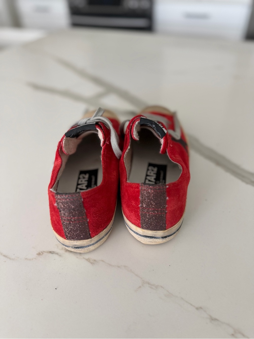 Golden Goose Red Suede Low-Top Sneakers with Glitter Heel Tab